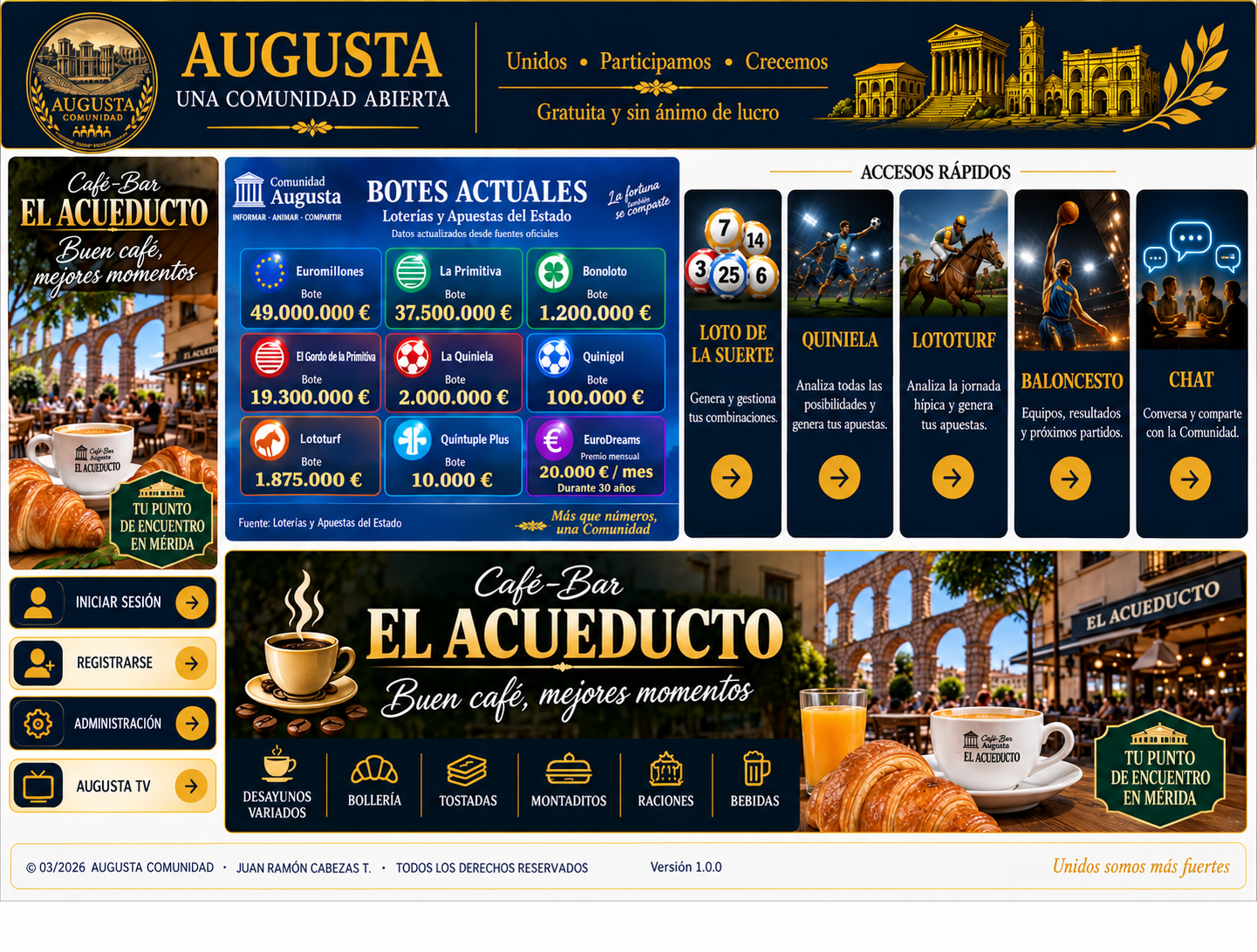 Portada de Augusta, con anuncio fijo lateral, botes actuales y accesos rápidos